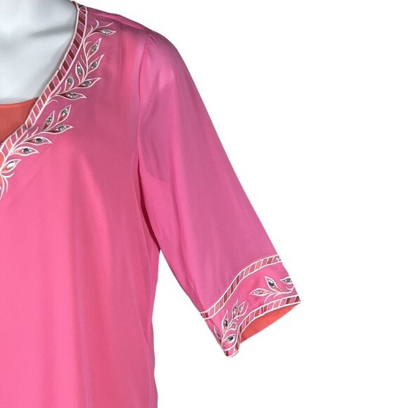 Bob Mackie NWT L Pink Embroidered Chiffon Tunic Embellished Top 3/4 Sleeve Artsy - Picture 6 of 16